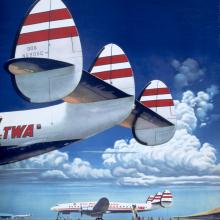 Promotional poster with rear view of three-fin tail with red and white Trans World Airlines livery. Another Trans World Livery plane is in the background and an ocean is nearby. "Fly the Finest..." is above the plane in the foreground in white text.