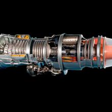 Engine scale model with two cylinders attached together and long tipped parts at each end.