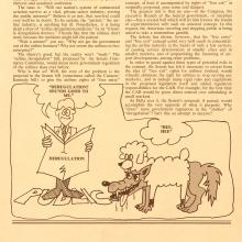 Single-page article discussing airline deregulation and why it should be banned. Below the article, there is a comic of a wolf in sheep's clothing tormenting a human representing the public.