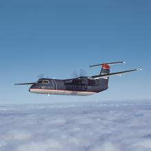 Side view of commercial aircraft in flight. The aircraft features two engines on the wings and dark blue and white US Airways livery.