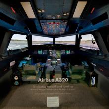 Glass display of the cockpit of a large commercial aircraft. A landscape is simulated in the windows of the cockpit.