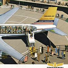 Advertisement for Continental Airlines that consists of a souvenir flight map with cover art featuring people boarding the back of a commercial aircraft while others view the aircraft.