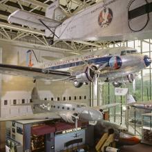 DC-3 hanging on display