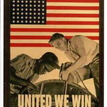 war propaganda poster, united we win, two workers and american flag