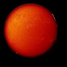 Disk view of the Sun with two prominences of plasma floating above the surface and multiple sunspots.