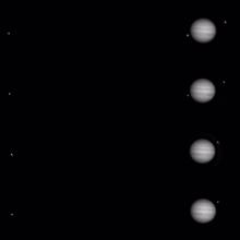 A set of images of Jupiter and three of its moons.