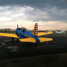 Back view of a blue monoplane with yellow wings and one engine.