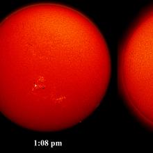 Multiple disk images of the Sun highlight the cycle of a solar flare.