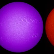 Three disk images of the Sun using different telescope cameras. Each layer shows a different part of the sun, revealing sunspots, phages, and faculae.