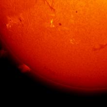 Partial disk view of the Sun which features two prominences of gases rising off the edge of the disk, two darker lines known as filaments of gases rising from the Sun in the middle of the disk, and multiple sunspots and sunspot clusters.