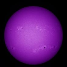 Purple disk of the Sun's chromosphere highling multiple sunspots which appear as black dots and phages which appear as lighter areas compared to the rest of the disk.