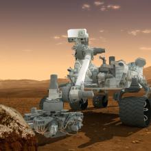 An artist's depiction of the Curiosity Rover performing examination tasks on a rock on Mars.