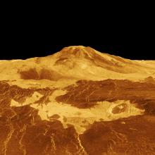 A three-dimensional computer simulation of Maat Mons, a volcano on Venus, and nearby topography.