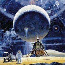 A section of a space mural featuring an astronaut on a surfacable rocky object near a lunar module and lunar lander. Above the surface is a large celestial body.