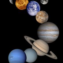 A collage of all of the important components -- moons, planets, and the Sun -- lined up together.