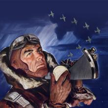 Artwork of a person viewing the skies with navigation tools in his hand. A row of airplanes are visible in the sky.