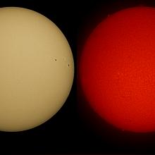 Two disk views of the Sun. The left disk shows the surface of the Sun, with a few sunspots visible on the right side of the disk. The right image shows the chromosphere of the Sun, with some prominences of gas floating from the surface of the Sun and a couple of phages on the right side of the disk.