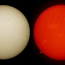 Two disk views of the Sun. The left disk shows the surface of the Sun, with a few sunspots visible on the right side of the disk. The right image shows the chromosphere of the Sun, with some prominences of gas floating from the surface of the Sun and phages resulting from solar flares as lighter colors. Both the prominences and phages can be seen across the right disk.