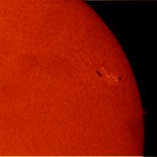 Partial disk view of the Sun's chromosphere highlighting a large sunspot, identifiable by the dark and lighter spots visible near the edge of the disk.