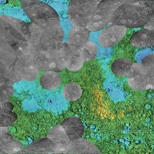 Partial view of the nearside of the Moon using black and white radar and colored topographic map.