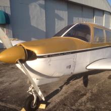 Front view of gold-colored and white aircraft focusing on the nose and single engine. 