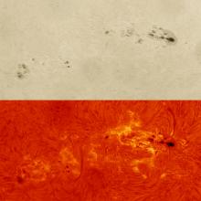 Two images of the Sun showing the same space on the Sun, however the top image shows the surface of the Sun and the bottom image shows the atmosphere above the Sun's surface. On both images, a sunspot cluster can be seen as darker spots on the Sun. On the bottom image, however, phages, or clouds, in lighter colors are also visible near the darkest spots of the cluster.