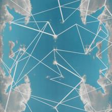 Artwork featuring a blue sky with clouds and a long set of lines crossing each other.