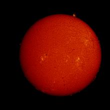 Disk view of the Sun's atmosphere. A large sunspot (dark spot) cluster is visible on the left side of the disk surrounded by lighter-colored clouds called phages. Other phages are visible across the disk. A large, red-colored gas is floating off the top right of the Sun's visible surface and is called a prominence.