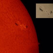 A partial disk view of the Sun's atmosphere is placed next to a small image of the Sun's surface. Both highlight a sunspot group visible as darker colored spots. A phage is visible on the atmospheric disk as lighter clouds near the sunspot group.