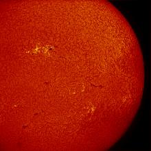 Partial disk view of the Sun's atmosphere. A sunspot group of dark spots is visible in the center of the image and is surrounded by lighter-colored phages. Filaments (dark lines) and phages are also visible on the lower half of the disk.