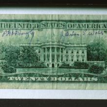 Back of a twenty dollar U.S. bill which was signed by Dr. George B. Kistiakowsky and James E. Webb.