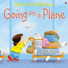 Book cover for a children's story about flying on an airplane with an illustration of a child moving luggage in an airport terminal.