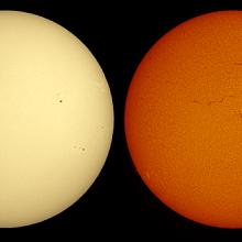 Two side-by-side disc views of the Sun. The first disc reveals the Sun's surface, lighlighting a couple of sunspots, indicated by black spots, on the right side of the disc. The second disc reveals lighter-colored areas around the sunspots called phages, and dark lines called filaments are visible across the top half of the disc.