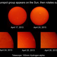 A set of five disk images of the Sun with two being full images and three being partial images. The images are tracking a sunspot group on the Sun.