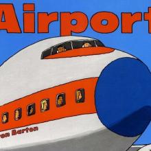 Book cover for a children's book about airports featuring an illustration of a commercial airplane.