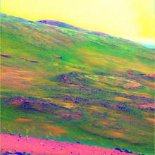 A colored view of rock weathering on a specific area of Mars. A dust devil in the upper right is depicted as a darker yellow color to the rest of the sky.