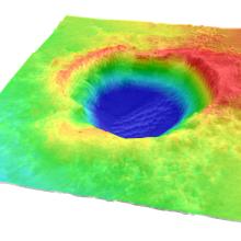 A terrain model of Santa Maria Crater and nearby topography on Mars, with colors indicating the height of the terrain.