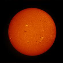 Disk view of the Sun's atmosphere. Multiple filaments (dark lines) are visible mostly on the upper half of the disk. Sunspot (dark spots) clusters surrounded by phages (lighter-colored clouds) are visible in the middle of the disk.