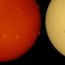 One close-up panel of the Sun's atmosphere next to two partial disk views of the Sun. The left partial disk shows multiple sunspot (dark spots) clusters surrounded by phages (lighter colored clouds). The close-up view next to the disk shows a closer view of the largest sunspot cluster. The right partial disk view reveals the surface, with sunspots visible as dark spots.