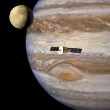 An artist's vision for a satellite intended to investigate moons orbiting Jupiter. 