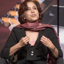 Madhulika (Lika) Guhathakurta, a woman, speaks at a briefing.