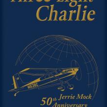 Book cover for a book about Jerrie Mock featuring a etched drawing of a yellow monoplane traveling across the globe.