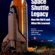 Book civer for a book discussing the legacy of the space shuttle featuring a backdrop of a space shuttle at night.