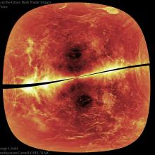 A radar-viewed map of Venus focusing on one hemisphere of the planet. Darker spots represent smoother areas on the planet whereas lighter spots represent very rough areas of the surface.