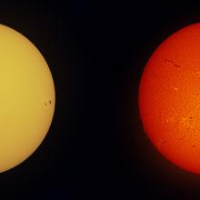 Two disk views of the Sun, side-by-side. The left disc view shows the surface of the Sun, which has a few sunspots visible as dark spots. The right disk view of the Sun features the same sunspots as well as phages (lighter color clouds). Dark lines called filaments and gases floating away from the surface called prominences are also visible on the disk.