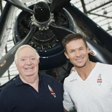 USAF colonel (ret.) Joe Kittinger and Felix Baumgartner pose together at a press conference.