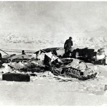 Crash site of the Seattle Douglas World Cruiser, a biplane, in Alaska, where the Seattle is seen destroyed.