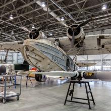 A monoplane with two twin engines sits in the Museum's restoration hangar, where it receives work to refurbish the aircraft prior to its display in the Museum.