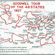 A map highlighting the route of Lindbergh's tour of the 48 continental states in the United States.