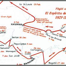 A map of Latin America and the Caribbean with a red marking of the route taken by Charles Lindbergh in 1927 into 1928.